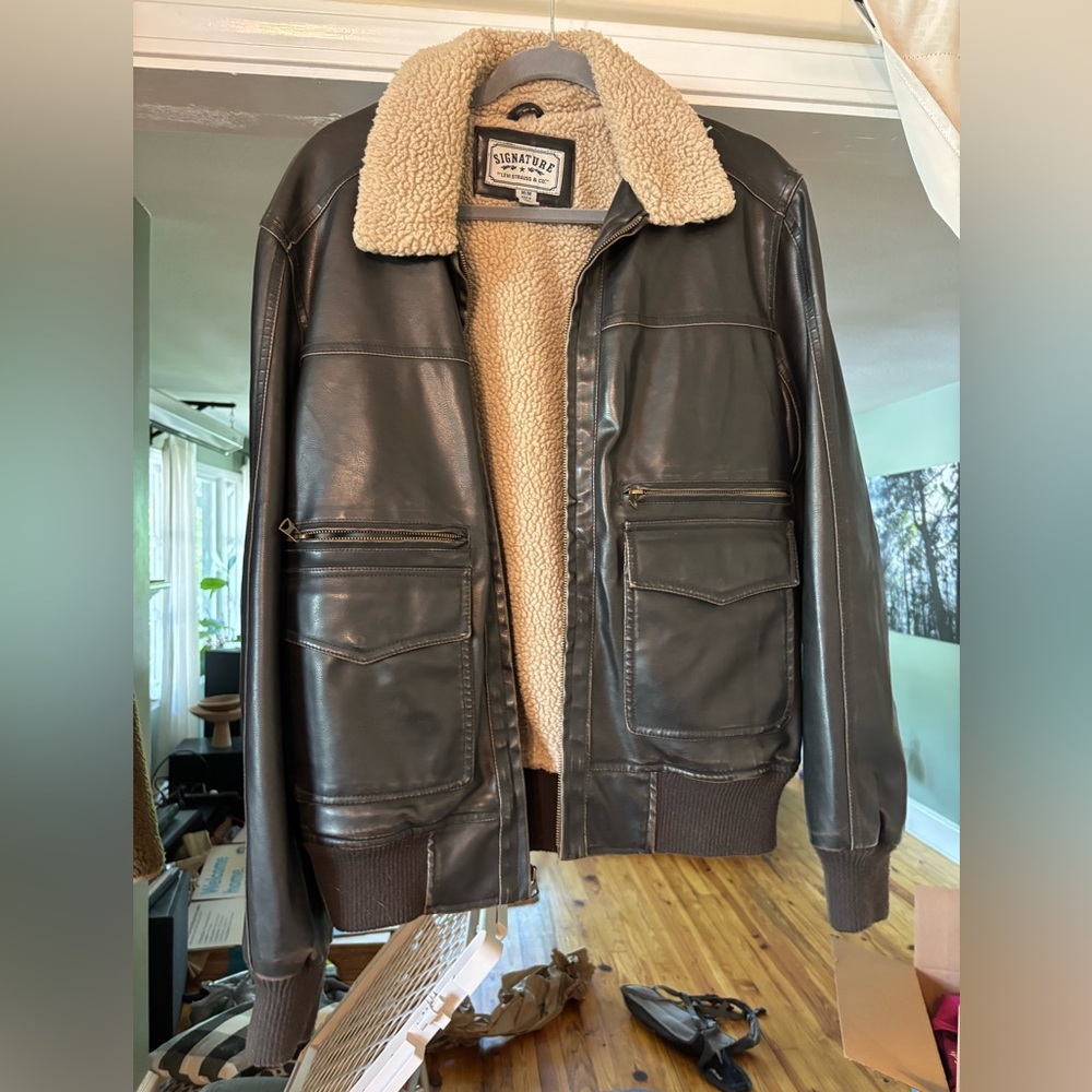 Signature by Levi Strauss Men's Black Leather Bomber Jacket with Tan Shearling